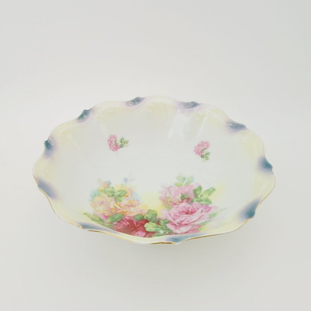 Vintage Shabby Chic Hand Painted Bowl Floral Pink Red Roses High Luster Germany